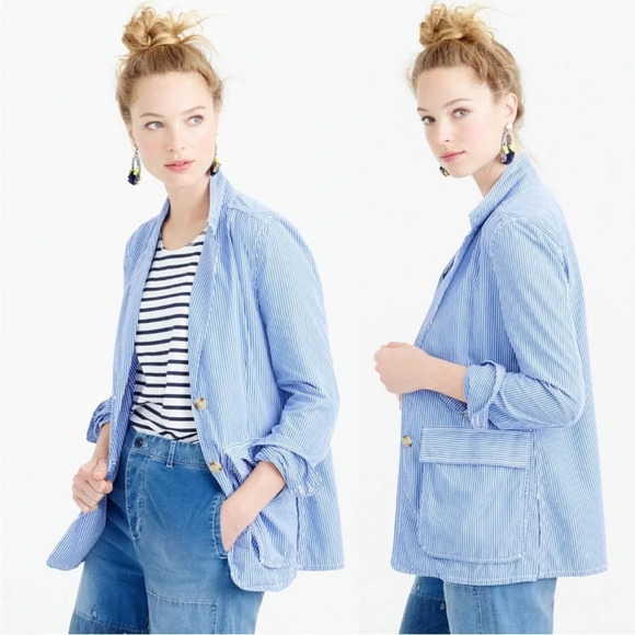 J. Crew Blue White Striped Deconstructed Shirt Blazer Women's Size 6 - Picture 9 of 12